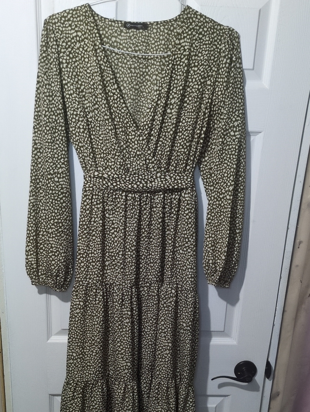 Olive Green Printed Long Sleeve Maxi Dress Tie Button Cottage Core Flowy Earth L